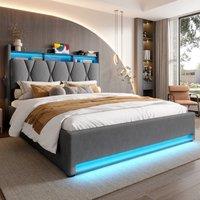Matteo Dark Grey Velvet Double Bed Frame with LED, USB & Ottoman Storage
