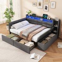 BTM 4FT6 Double Bed LED USB Type C Storage Drawers Linen in Grey