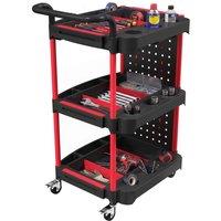 HOMCOM 3-Tier Rolling Tool Cart Wheel Cart w/ Pegboard, Hooks, Black & Red