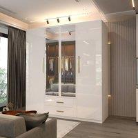 MN Furniture Modern High Gloss 4 Door Mirrored Wardrobe with Gold Handles 160cm in White