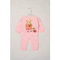 Rock a Bye Baby Girl's True Knit Pumpkin Bear Jumper & Trousers Set in Pink | Size: 0-3 m