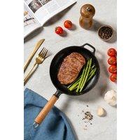 Garden Sanctuary Round Cast Iron Skillet with Removable Wooden Handle in Black