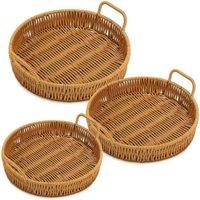 FORGEVIO 3PCS Hand Woven Round Serving Tray Set in Brown | Size: 0.6m2