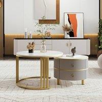 BTM 2-in-1 Round Coffee Table Set, Glossy & Marble Top with 2 Drawers in Grey