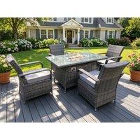 Fimous Rattan Garden Furniture Gas Fire Pit Rectangle Dining Table Gas Heater & Dining Chairs 4 Seater in Dark Grey