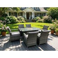 Fimous Rattan Garden Furniture Gas Fire Pit Rectangle Dining Table Gas Heater & Dining Chairs 6 Seater in Dark Grey