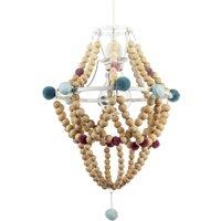 Happy Homewares Wooden Beaded Chandelier Style Pendant Shade with Coloured Pom Poms in Brown