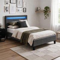 Comfy Living Ltd Modern Hopsack Fabric Upholstered Bedframe With LED Strip in Dark Grey | Size: Small Double