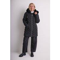 Klass. Women's Faux Fur Trimmed Hooded Padded Coat in Black | Size: Large