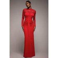 Goddiva Women's Lace High Neck Sheer Bodice Long Sleeve Maxi Dress in Red | Size: 8