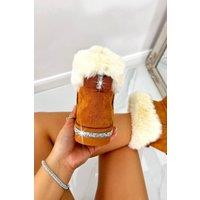 Love Lemonade Women's Crystal Faux Suede Snuggle Cloud Cuff Faux Fur Boots in Camel | Size: 5