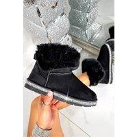 Love Lemonade Women's Crystal Faux Suede Snuggle Cloud Cuff Faux Fur Boots in Black | Size: 6