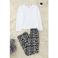 WOVCOR Women's 2- Piece Cotton Knit Pajama Set with Leopard Print in White | Size: Medium