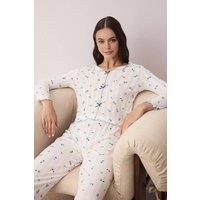 WOVCOR Women's Floral Print Cotton Knit Pajama 2-Piece Set With Bow Detail in White | Size: XL