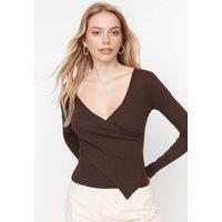 WOVCOR Women's V-Neck Wrap Long Sleeve Ribbed Knit Blouse in Brown | Size: Large