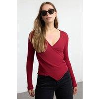 WOVCOR Women's V-Neck Wrap Long Sleeve Ribbed Knit Blouse in Burgundy | Size: XS