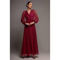 Goddiva Women's Gathered Long Balloon Sleeve A Line Mesh Maxi Dress in Magenta | Size: 8