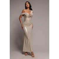 Goddiva Women's Cowl Neck One Shoulder Foil Maxi Dress in Gold | Size: 8