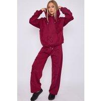 STYLEWISE Women's Crucifix Embroidered Fleece Oversized Hooded Co-ord in Wine | Size: XS