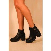 Where's That From Women's 'Kali' Mid Block Heel With Buckle Detail Stretch Ankle Boots in Black | Size: 5
