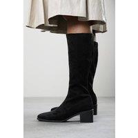 Where's That From Women's Ezzira Square Low Block Heel Stretch Knee High Boots in Black | Size: 5