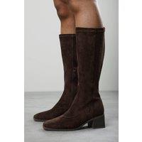 Where's That From Women's Ezzira Square Low Block Heel Stretch Knee High Boots in Dark Brown | Size: 7