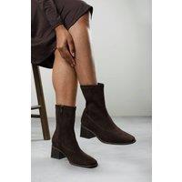 Where's That From Women's Fioren Square Low Block Heel Stretch Ankle Sock Boot in Dark Brown | Size: 4