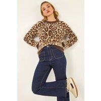 Dusk Women's Embellished Animal Print Knit Jumper in Chocolate | Size: 14