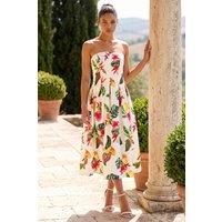 Roman Women's Petite Bandeau Tropical Print Midi Dress in Ivory | Size: 16