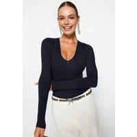 WOVCOR Women's Deep V-Neck Long Sleeve Knit Bodysuit in Navy | Size: 6