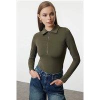 WOVCOR Women's Long Sleeve Zip Neck Collared Knit Bodysuit in Khaki | Size: Large