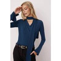 WOVCOR Women's Wrap Front Long Sleeve Bodysuit with Scarf Neck Detail in Navy | Size: Medium
