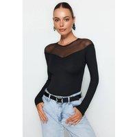 WOVCOR Women's Mesh Panel Heart Neck Ribbed Knit Bodysuit in Black | Size: XS