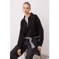 WOVCOR Women's Knit Sweatshirt With Zipper Detail Polo Style Sweat in Black | Size: Large