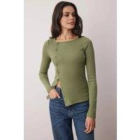 WOVCOR Women's Button Detail Crew Neck Ribbed Stretch Knit Blouse in Khaki | Size: Small