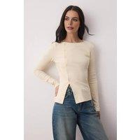WOVCOR Women's Button Detail Crew Neck Ribbed Stretch Knit Blouse in Stone | Size: XS