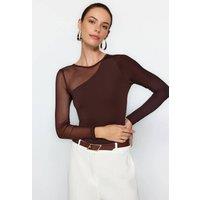WOVCOR Women's Asymmetric Mesh Panel Stretch Knit Long Sleeve Bodysuit in Brown | Size: XS