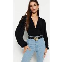 WOVCOR Women's V Neck Balloon Sleeve Fitted Stretch Knit Bodysuit in Black | Size: Small
