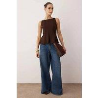 WOVCOR Women's Peplum Boat Neck Stretch Knit Blouse in Brown | Size: Large