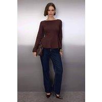 WOVCOR Women's Boat Neck Peplum Long Sleeve Knit Blouse in Brown | Size: XS