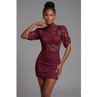 STYLEWISE Women's Lace Detail High Neck - Bodycon Fit - Split Sleeve Dress in Wine | Size: 6