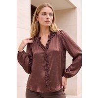 Roman Women's Crinkle Satin Frill V-Neck Top in Chocolate | Size: 10