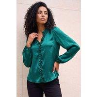 Roman Women's Crinkle Satin Frill V-Neck Top in Green | Size: 10