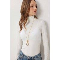 Happiness Istanbul Women's Slim Fit Turtleneck Blouse in White | Size: Large