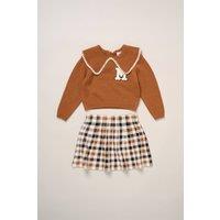 Miss Girl's True Knit Jumper with Woven Collar & Check Skirt in Beige | Size: 5 Years