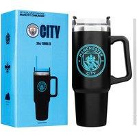 Manchester City Insulated Tumbler 850ml Stainless Steel Water Bottle Straw & Handle in Black