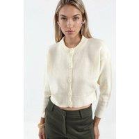 Viorna Women's Crop Ribbed Cardigan With Buttons in Cream | Size: Large