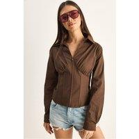 Bianco Lucci Women's Fitted Crop Shirt in Brown | Size: Medium