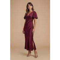 Oasis Women's Wine Satin Twist Front Angel Sleeve Midi Bridesmaid Dress | Size: 14