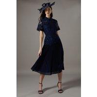 Coast Women's Lace Top Pleated Midi Dress in Navy | Size: 14